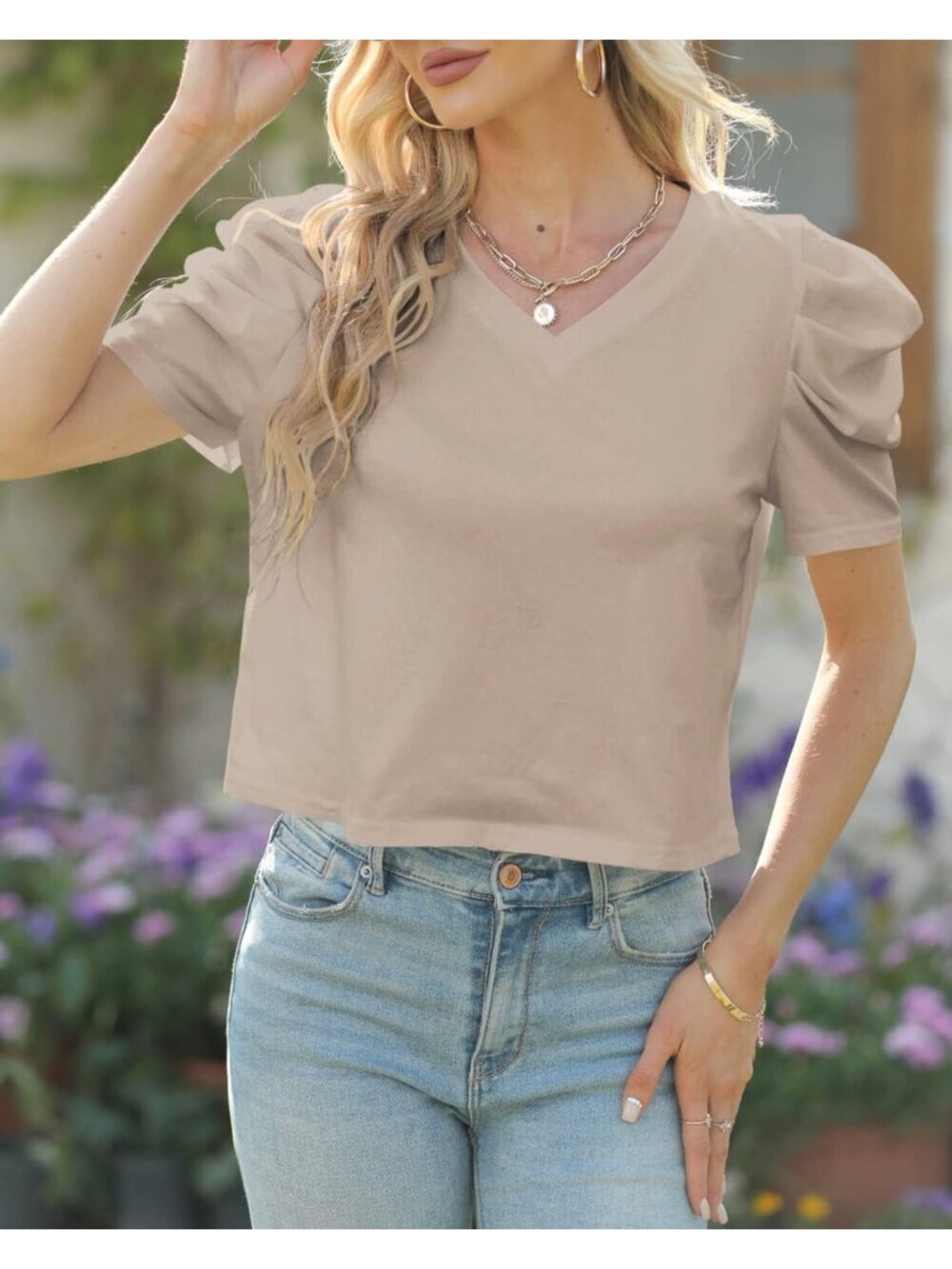 〽️Women's Khaki Short Sleeve V Neck Cropped Casual Crop Tops T Shirts